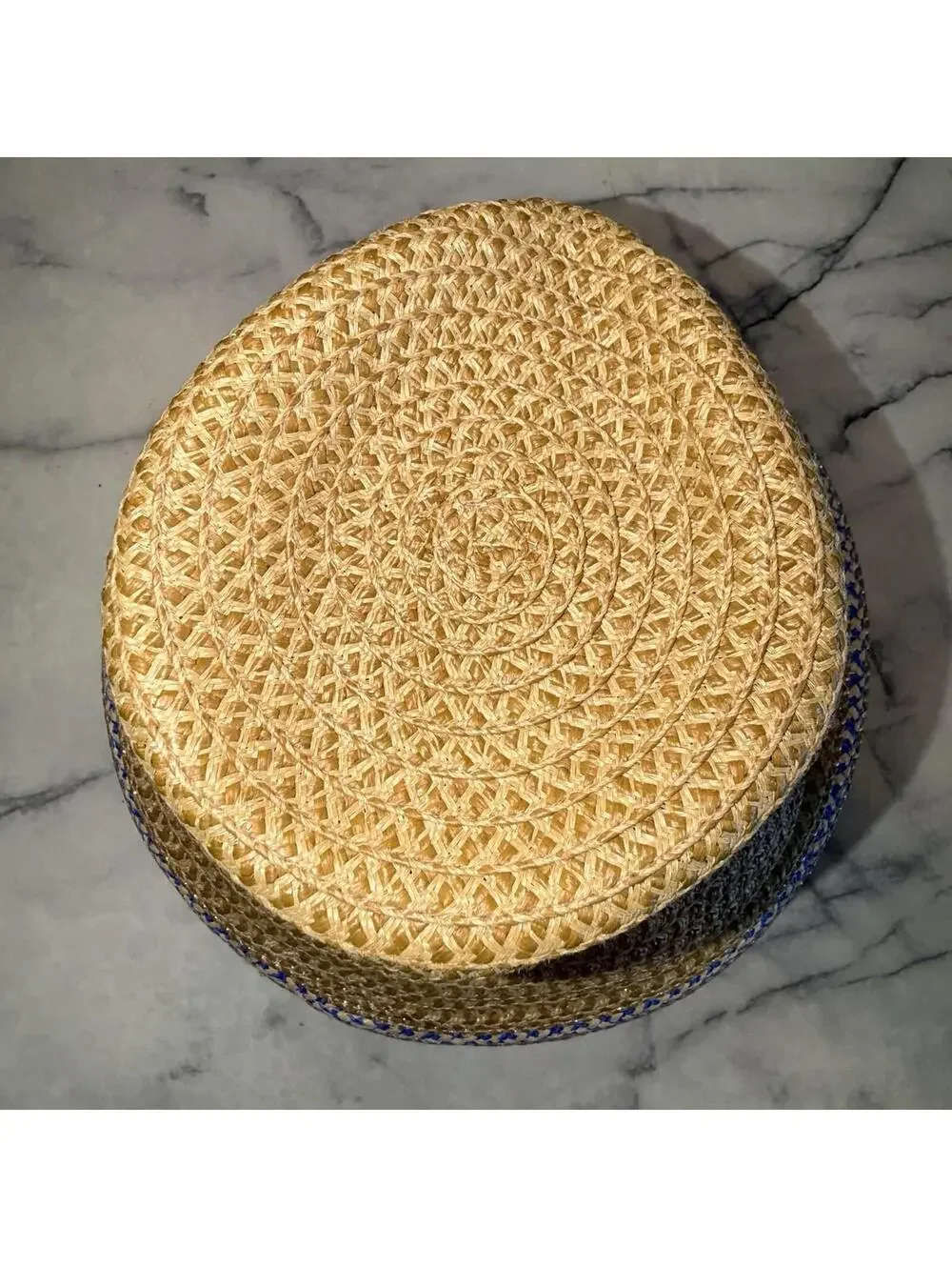 Eric Javits Woven Raffia Straw Hat UPF 50+ Packable Squishee Bucket Beige Blue - Picture 2 of 8